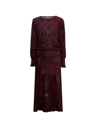Twinset Midi Knit Dress In Cotton And Cashmere Blend With Balloon Sleeves In Burgundy