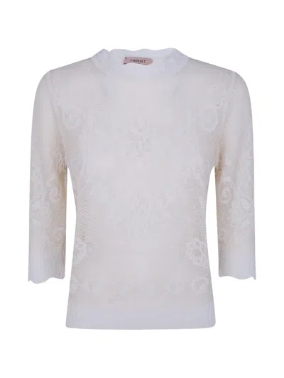 Twinset Lace-knit Scalloped-edge Sweater In White
