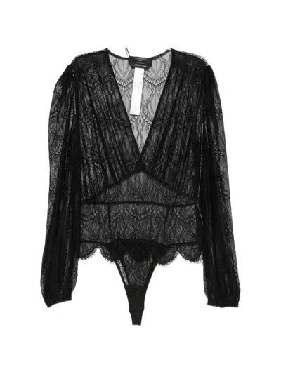 Twinset Lace-panelled Long-sleeve Bodysuit In Black