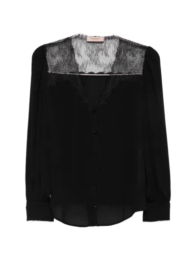 Twinset Lace-trim Button-up Blouse In Black