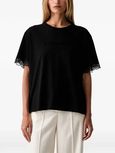 Twinset Lace-trim Logo-print T-shirt In Black