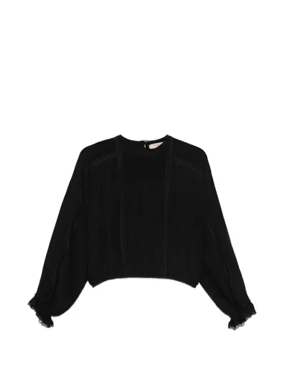 Twinset Lace-trim Pleated Blouse In Black