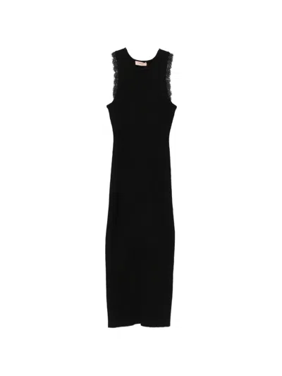 Twinset Lace-trim Ribbed Midi Dress In Black