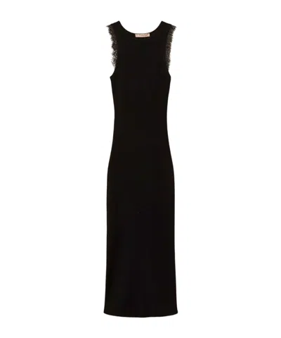 Twinset Lace-trim Ribbed Midi Dress In Black
