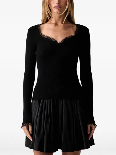 Twinset Lace-trim Ribbed Sweater In Black