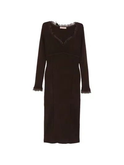 Twinset Lace-trim Ribbed-knit Midi Dress In Brown