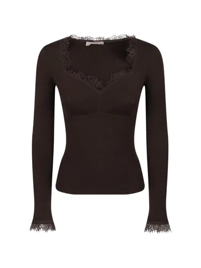 Twinset Slim Fit Ribbed Knit Top With Lace Trim And Sweetheart Neckline In Multi