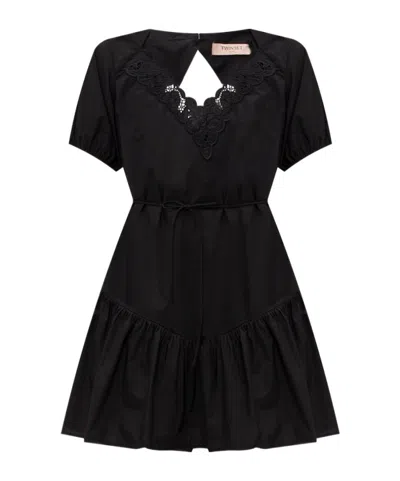 Twinset Lace-trim Ruffled Mini Dress In Black