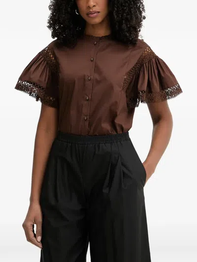 Twinset Lace-trim Ruffled-sleeve Blouse In Brown