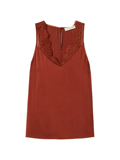Twinset Lace-trim Satin Top In Brown