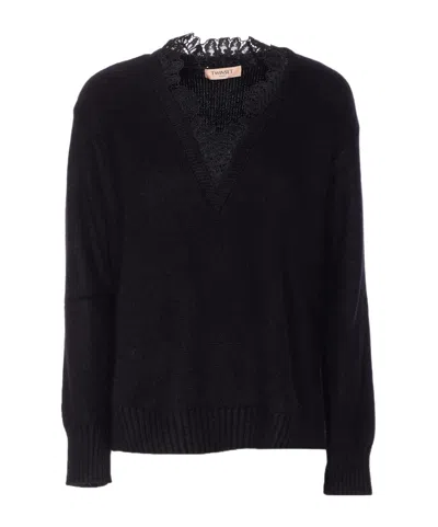 Twinset Lace-trim V-neck Sweater In Black
