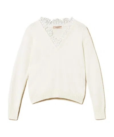 Twinset Lace-trim V-neck Sweater In White