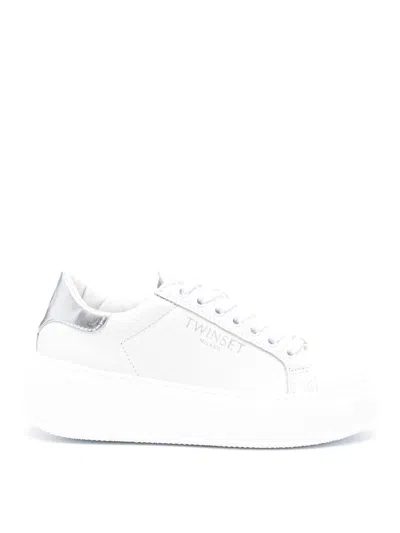 Twinset Platform Leather Sneakers In White/silver