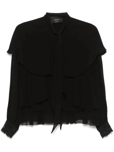 TWINSET LAYERED BLACK BLOUSE WITH RUFFLED DETAILING