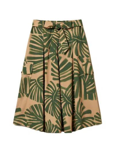 Twinset Leaf-print Belted Midi Skirt In Green