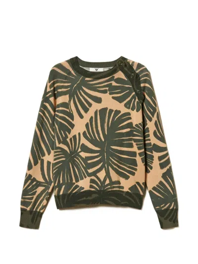 Twinset Leaf-print Sweater In Neutral