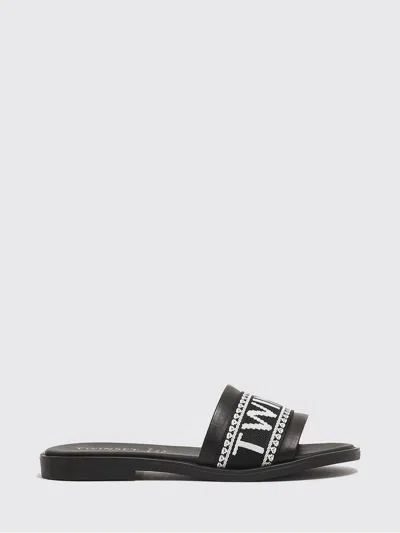 Twinset Kids'  Leather And Jacquard Canvas Sandal In Black