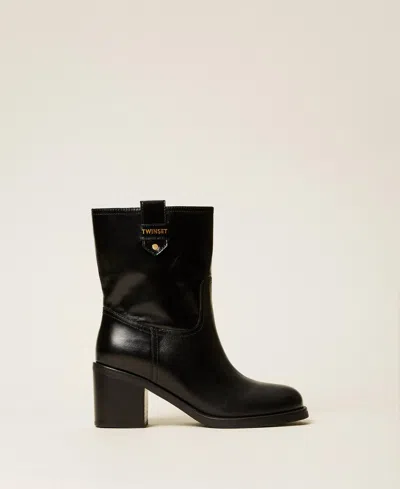 Twinset Leather Ankle Boots With Logo In Black