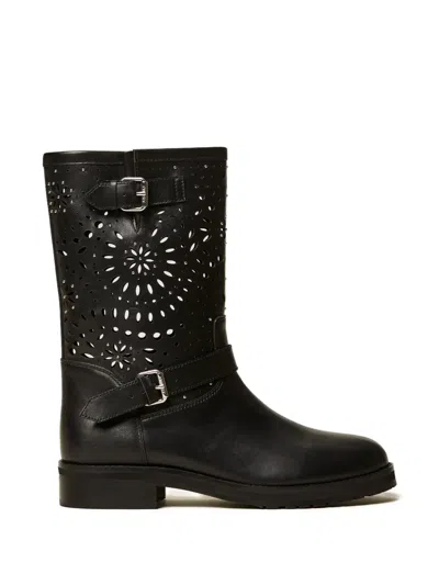 Twinset Leather Biker Boots In Black