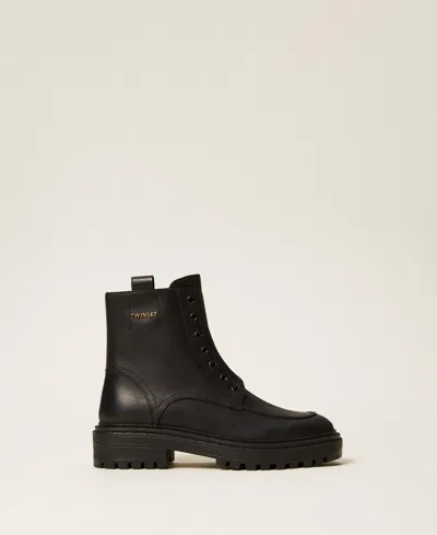 Twinset Leather Chunky Boots With Logo In Black
