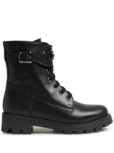 Twinset Kids' Leather Combat Boots In Black