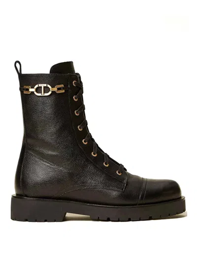 Twinset Leather Combat Boots With Chain And Oval T In Black