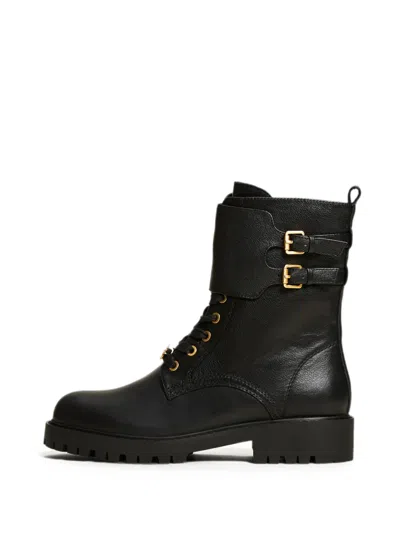 Twinset Leather Combat Boots With Straps In Black