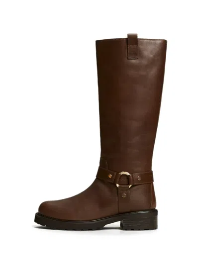 Twinset Leather High Biker Boots With Ring In Brown
