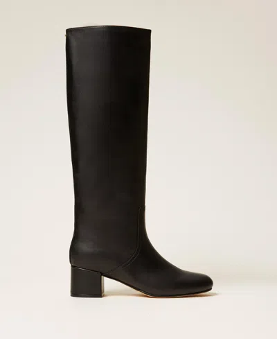 Twinset Leather High Boots In Black
