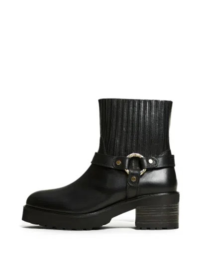 Twinset Leather Short Biker Boots With Ring In Black