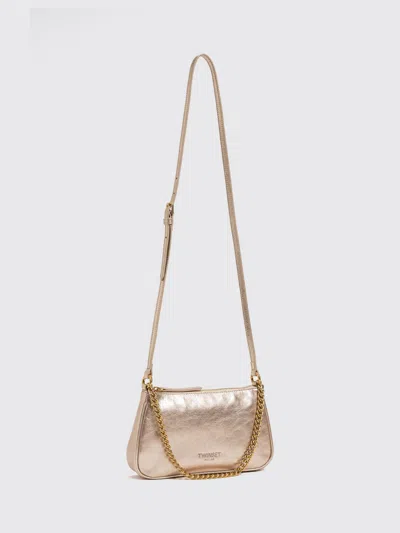 Twinset Leather Shoulder Bag With Metal Mesh Handle In Platinum