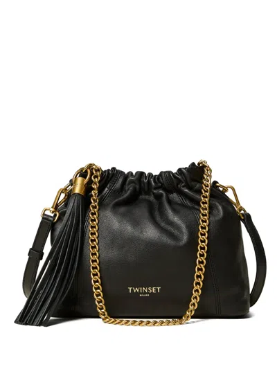 Twinset Leather Shoulder Bag With Ruching In Black
