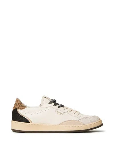 Twinset Leather Trainers With Logo And Laminated Inserts In Neutral