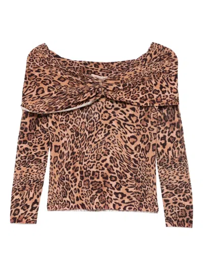 Twinset Leopard-print Off-shoulder Sweater In Brown