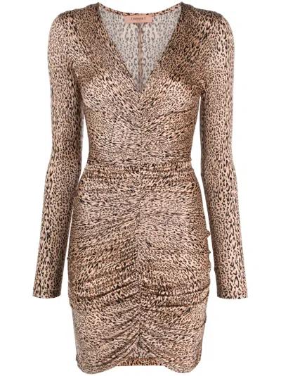 Twinset Leopard-print Ruched Minidress In Brown