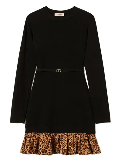 Twinset Leopard-print Ruffle Mini Dress In Black