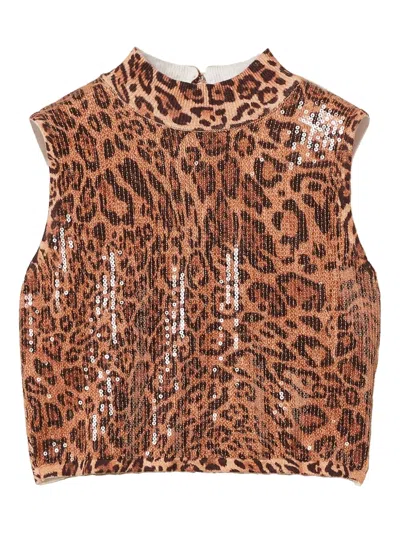 Twinset Leopard-print Sequin-embellished Top In Brown