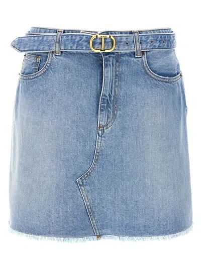 Twinset Light Blue Mini Skirt With Belt With Logo In Denim Woman