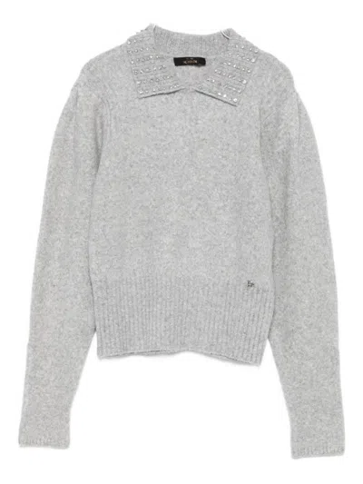 TWINSET LIGHT GREY SWEATER WITH CRYSTAL EMBELLISHED COLLAR AND RIBBED HEM