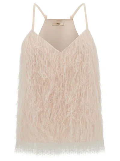 TWINSET LIGHT PINK TOP WITH ALL-OVER FEATHERS IN TECH FABRIC WOMAN