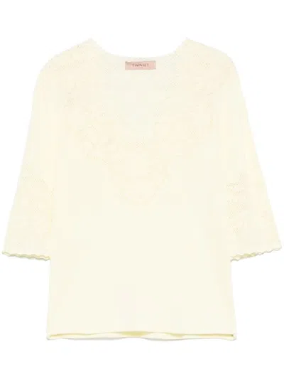 TWINSET TWINSET LIGHT YELLOW SWEATER WITH POINTELLE KNIT