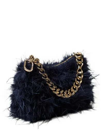 Twinset Liliane Satin Bag With Feathers In Blue