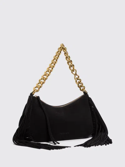 Twinset Liliane Suede Shoulder Bag With Fringes And Embroidery In Black