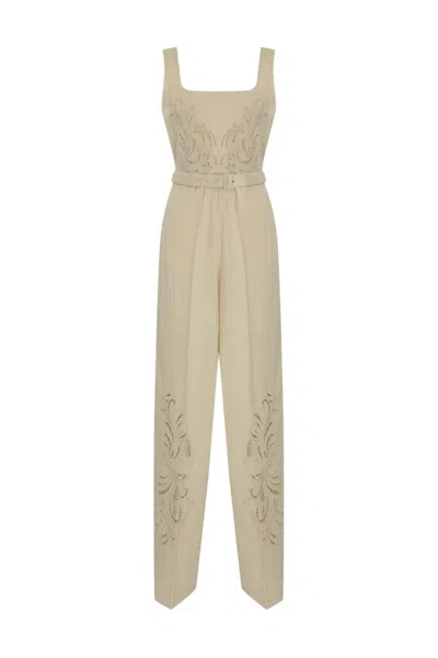 Twinset Linen Blend Jumpsuit With Embroidery And Belt