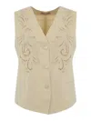 Twinset Waistcoat With Embroidery In Linen Blend In Light Beige