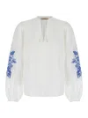 TWINSET WHITE BLOUSE WITH DRAWSTRING AND FLOREAL EMBROIDERIES IN LINEN WOMAN