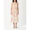 Twinset Midi Dress In White Linen With Print In Multi