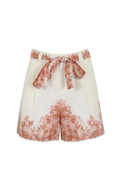 Twinset Linen Shorts With Floral Print In Pomice/cra