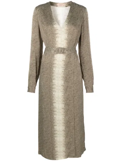 Twinset Lizard-print Belted Midi Dress In Neutrals