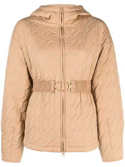 Twinset Logo-belt Quilted Jacket In Neutrals